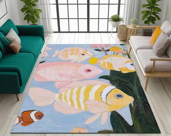 Fish pattern rug, Cute design rug, Pastel color rug, Modern artistic rug, Machine washable rug, New style rug, Bedroom rug, Non-slip rug