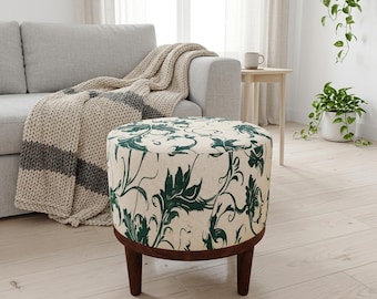 Green Acanthus Scroll Round Pouf | Living Room Footrest Stool | Vintage Living Decor