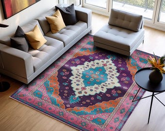 Multicolor Floral Printed Rug, Non-Slip Washable Area Mat, Living Room Carpet H-1068