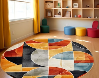 Orange Circle Rug, Contemporary Rug, Livingroom Decorative Rug, Printed Round Rug, Round Rug, Non Slip Decor Rug, Circle Rug, Modern Rug