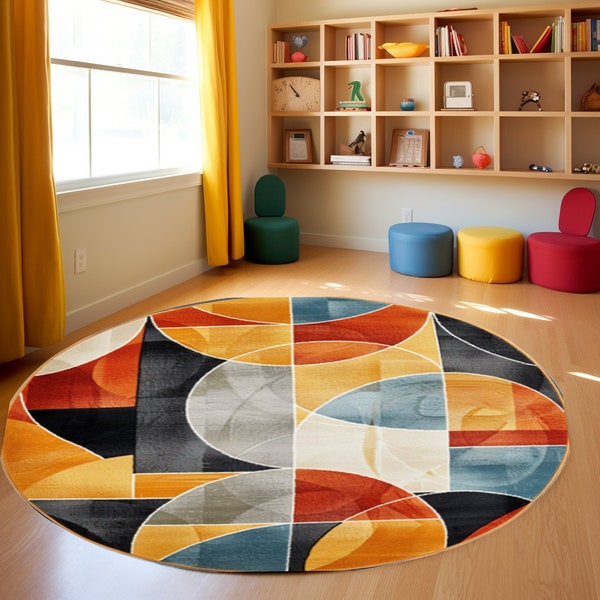 Orange Circle Rug, Contemporary Rug, Livingroom Decorative Rug, Printed Round Rug, Round Rug, Non Slip Decor Rug, Circle Rug, Modern Rug