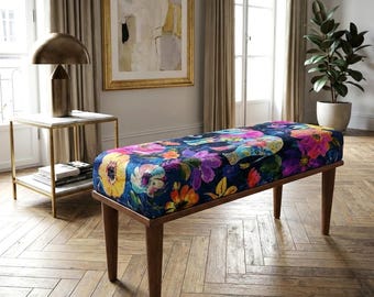 Colorful Floral Upholstered Bench with Elephant Design, Handmade Mid Century Modern Footstool, Boho Style Wooden Accent Furniture, H-155
