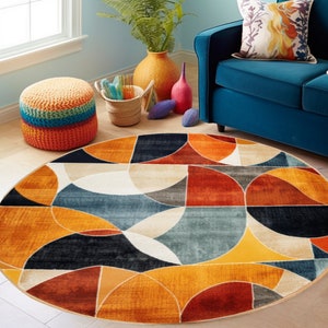 Tapis rond imprimé, tapis géométrique, tapis rond orange, tapis décoratif de salon, tapis décoratif géométrique antidérapant, tapis kilim rond, tapis moderne image 6