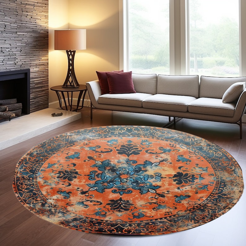 Navy Blue Rug, Bordered Circle Rug, Worn Round Rug, Washable Rug