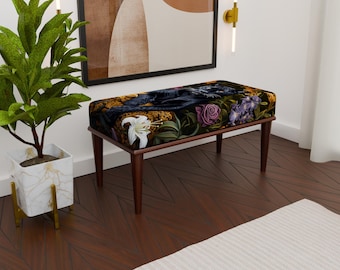 Tapicerowana ławka z motywem pantery w kolorze czarnym, Luksusowa ławka z motywem dżungli, Dekoracyjna ławka, Meble z egzotycznym wzorem pantery, Przytulna ławka, H-305