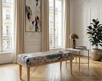 Handgefertigte Polsterbank mit elegantem Pfauenkranich Design, Floraler osmanischer Sitzplatz für Wohnzimmer, Boho Naturinspiriertes Dekor, H-724