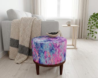 Pink Blue Watercolor Round Pouf | Round Footstool Seat | Boho Bedroom Decor