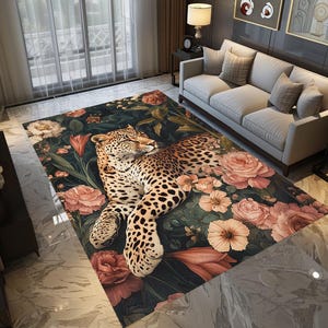 Leopard print rug, Floral design rug, Housewarming gift, Soft color runner rug, Animal print rug, Botanical rug, Non slip rug, Easy to clean
