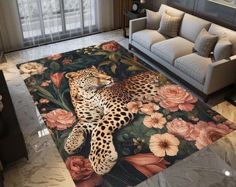 Leopard print rug, Floral design rug, Housewarming gift, Soft color runner rug, Animal print rug, Botanical rug, Non slip rug, Easy to clean