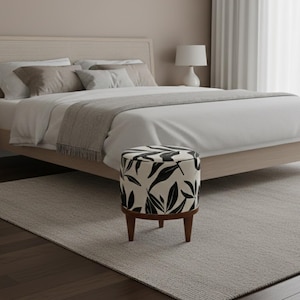 White round pouf with black pattern, Elegant stool, Modern home decoration bench, Entryway bench, Comfort bench, Wooden work bench, H-17
