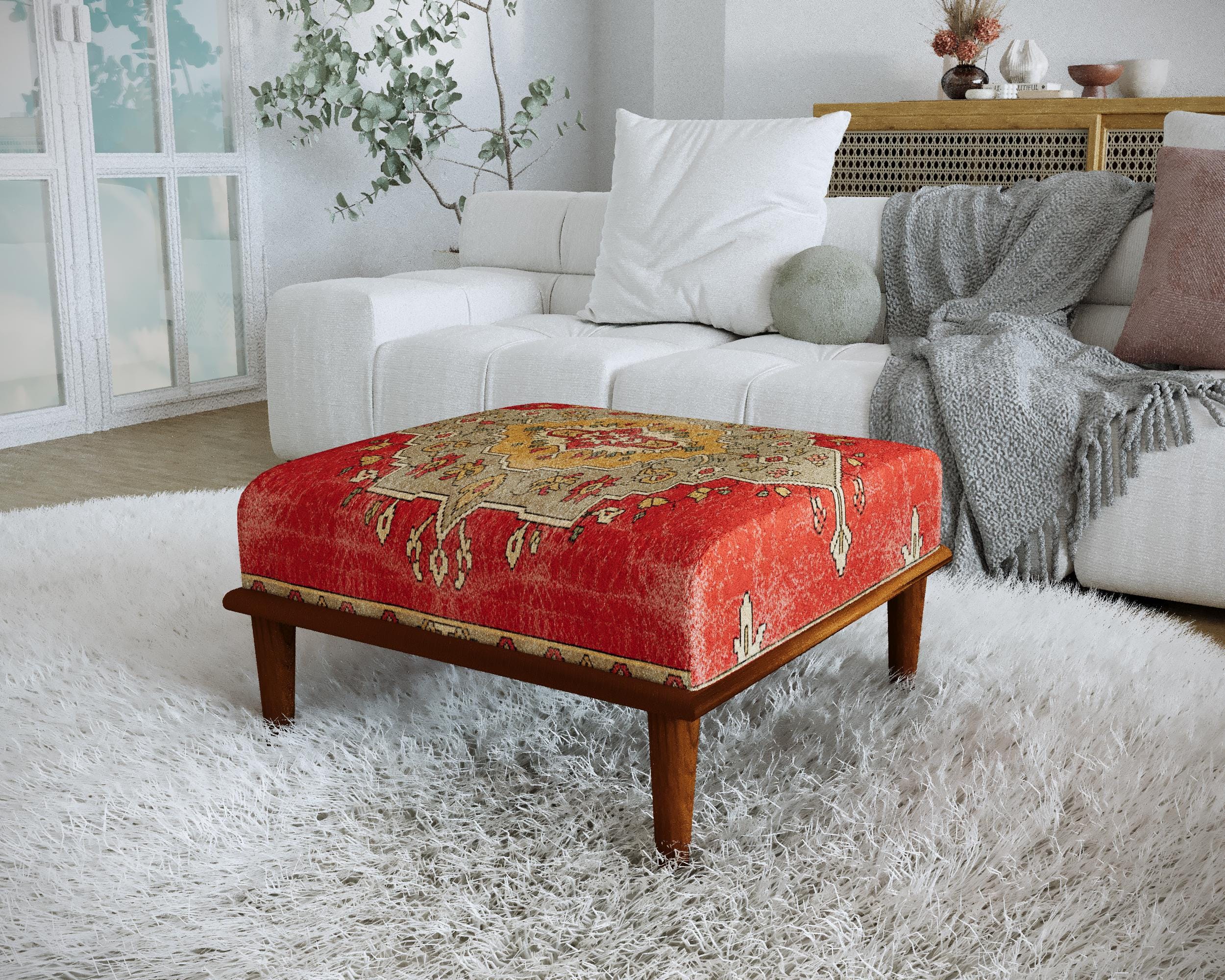 Traditional Red Medallion Ottoman, Vintage Oushak Rug Pattern