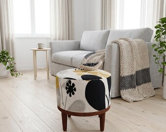 Black Mustard Shapes Round Pouf | Upholstered Ottoman Footstool | Mid Century Living Room Decor