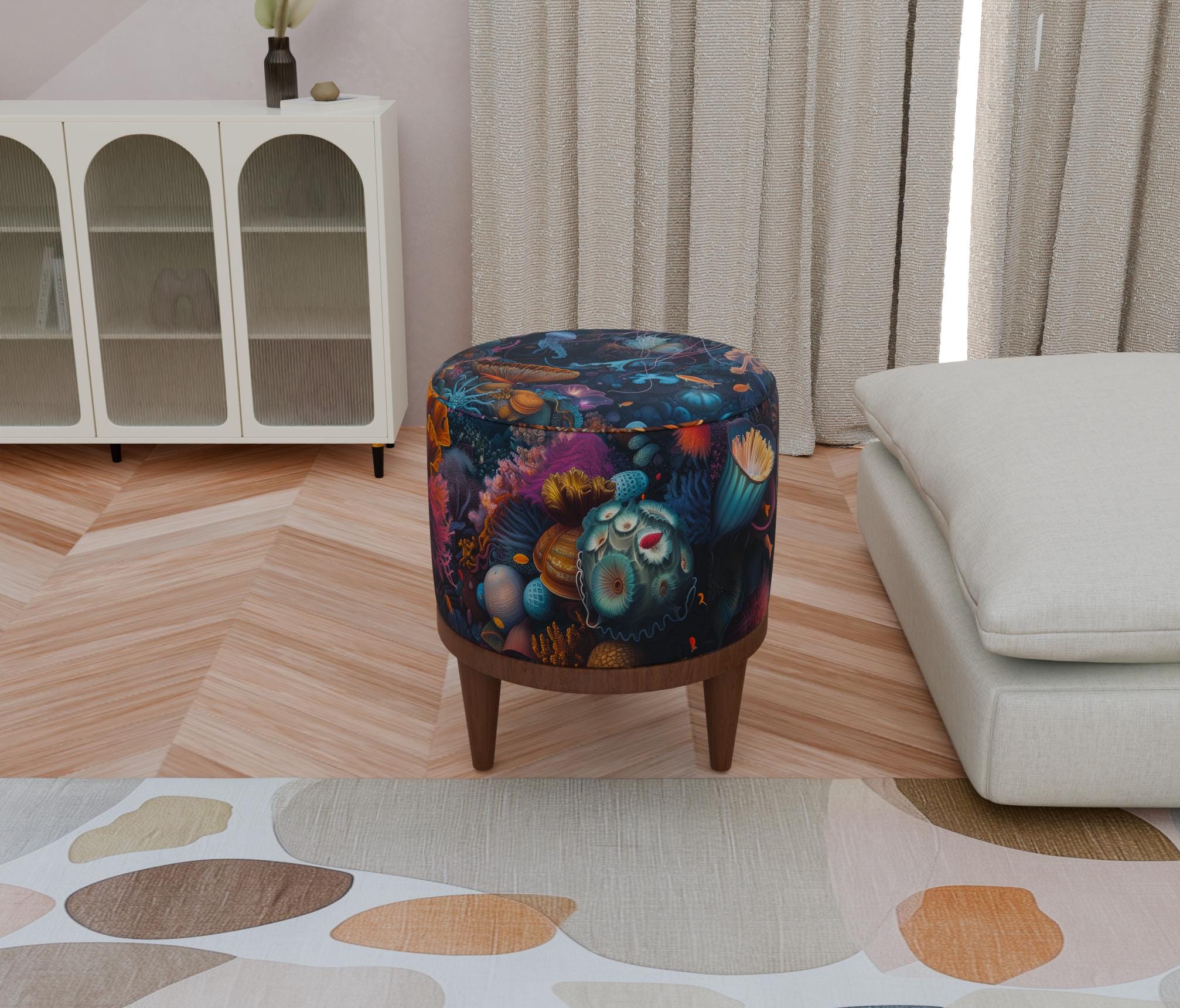 Ocean theme pouf, Moody footstool, Stylish pouf stool, Functional footrest, Soft touch bench, Padded footstool, Round french table, H-9
