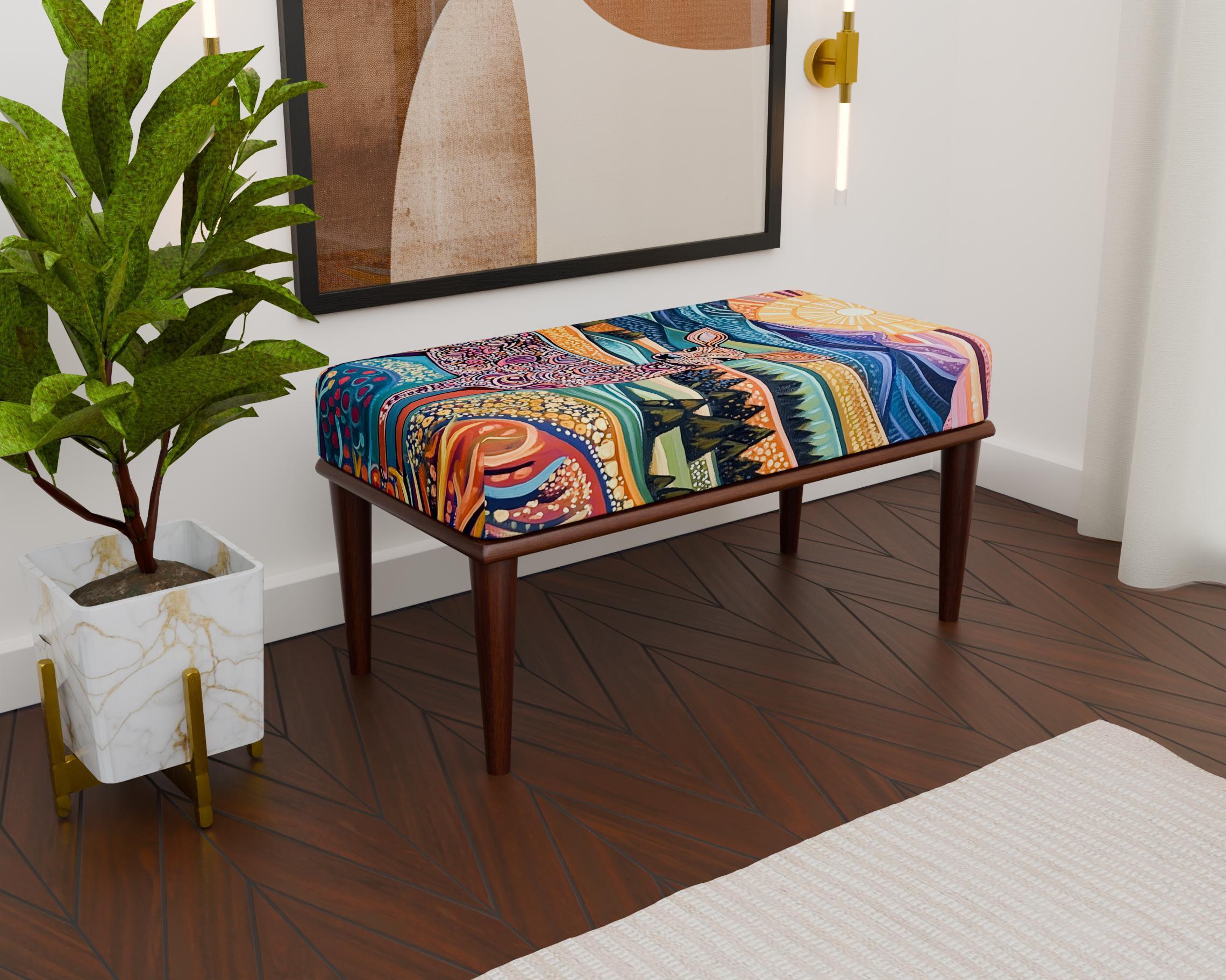 カラフルなデザイナーベンチ、マルチパターンの布張りベンチ、モダンな