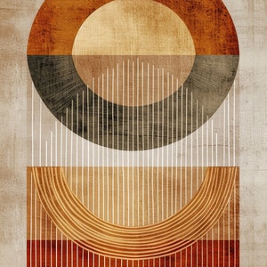 May include: Abstract geometric art print with a large circle in shades of brown, orange, and black, and a smaller rectangle with a curved shape in shades of brown and white.