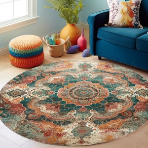 Cultural Design Rug, Orange Circle Rug, Large Round Rug, Washable ...