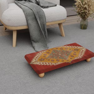 Vintage Anatolian Rug Inspired Low Step Stool with Cushioned Top and Beech Wood Legs, Handmade Decorative Footrest for Cozy Homes H-775