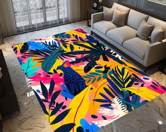 May include: A colorful area rug with a tropical leaf design. The rug features a variety of colors, including yellow, pink, blue, and green. A stylized bird is featured in the center of the rug.