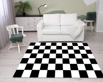 Tapete xadrez preto e branco, passadeira boho para pátio externo