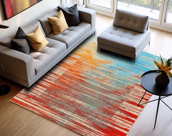 Orange blue rug, Turkish area rug, Bohemian rug, Living room rug, Carpet rug, Anatolian rug, Rustic rug, Decorative rug, Boho decor rug