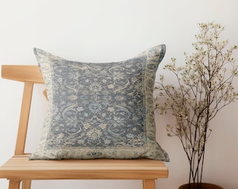 oreiller bleu beige, oreiller fait main, taie d'oreiller rustique, oreiller bohème, oreiller de canapé, oreiller extérieur, oreiller de décoration de chambre à coucher, oreiller imprimé