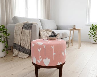Coral Tulip Print Round Pouf | Living Room Footrest Stool | Scandi Bedroom Decor