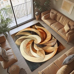 May include: A rectangular area rug featuring a large, central spiral design composed of overlapping leaf-like shapes in shades of cream, tan, brown, and black. The pattern creates a three-dimensional effect with curved lines radiating outward.