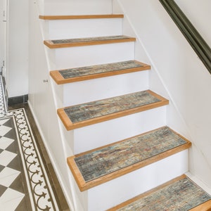 colorful worn rug, staircase step tread, gothic art decor, bullnose stair tread, excellent step rug, turkish oushak rug, washable runner