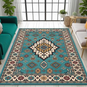 Anniversary rug, Teal area rug, Low pile rug, Under table rug, Fireside rug, Cozy indoor rug, Washable rug, Fade resistant rug, Antislip rug