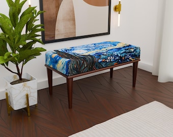 Starry Night Inspired Upholstered Bench, Handmade Artistic Design Ottoman, Mid Century Modern Accent Seating for Entryway or Bedroom, H-158