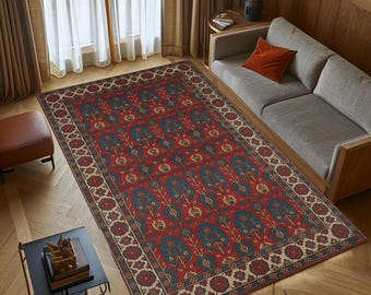 Burgundy Blue Rug, Vintage Floral Mat, Washable Non Slip Area Carpet, Living Room Layer H-1016