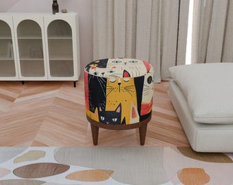 Cat pattern round pouf, Cute design bench, Colorful footstool, Elegance round pouf, Bedroom pouf, Comfortable furniture, Stylish bench, H-12