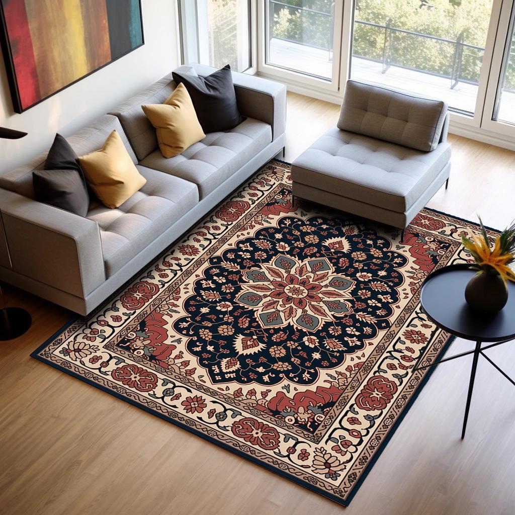 Navy Cream Area Rug, Washable Non Slip Carpet, Classic Design