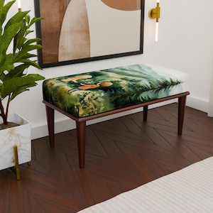 Woodland Themed Ottoman Bench with Whimsical Forest Illustration and Upholstered Top, Custom Size Entryway or Bedroom Footstool H-146