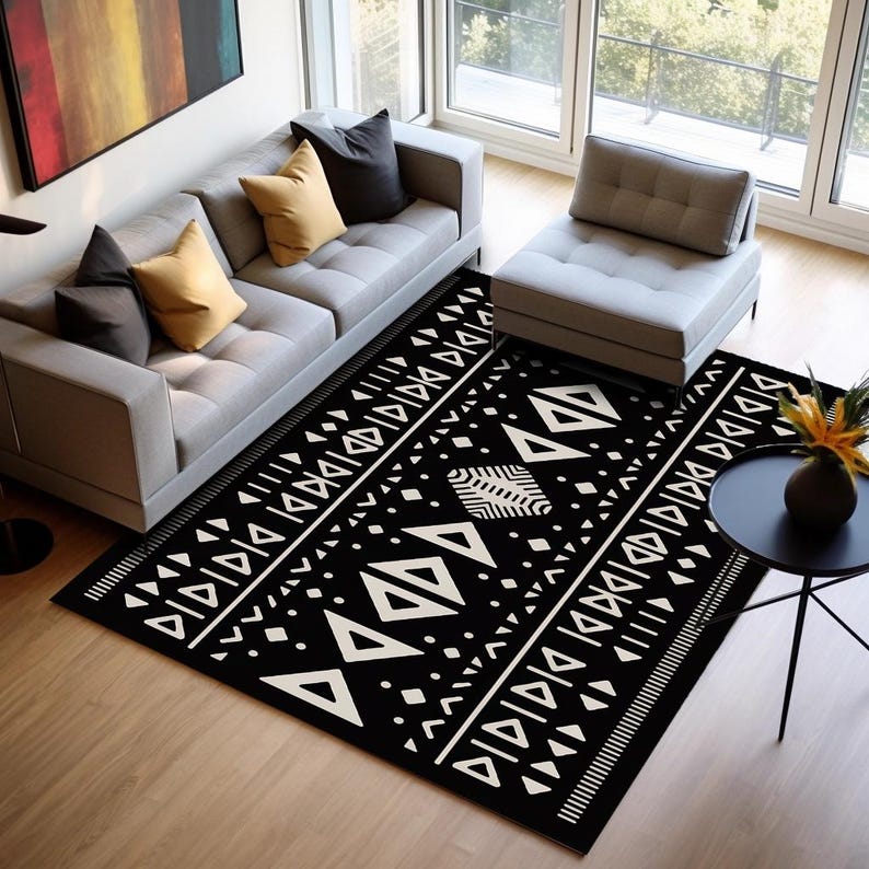 Black white rug, Minimalist rug, Mystic design rug, Gothic area rug, Sustainable rug, Easy to care rug, Anti slip back rug, Contemporary rug