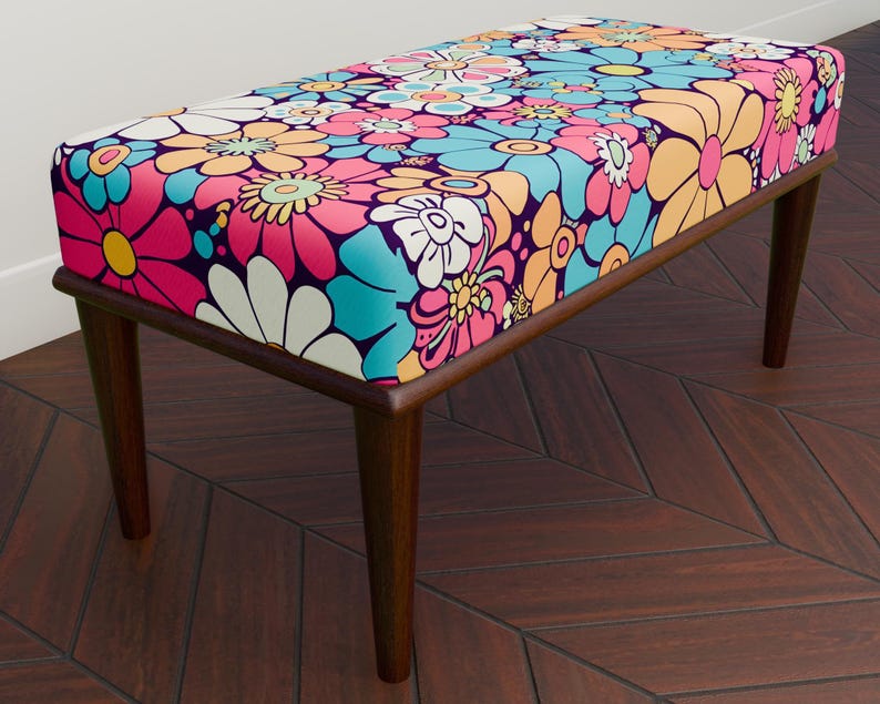 Daisy Bench Colorful Daisy Print Upholstered Bench, Modern Accent Bench With Floral ...
