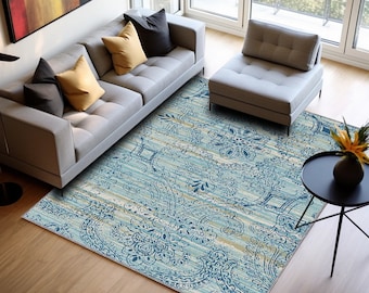 Ocean blue rug, Washable carpet, Printed boho rug, Pet friendly rug, Ethnic rug, Large size rug, Family room rug, Non slip rug, Modern rug