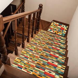 geometric patterned colorful sophisticated modern stair decor rug, indoor mat for front door wron runner, machine washable printed stair rug