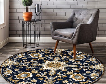 Oriental Round Rug, Hagia Sophia Pattern, Navy Blue Rug, Library