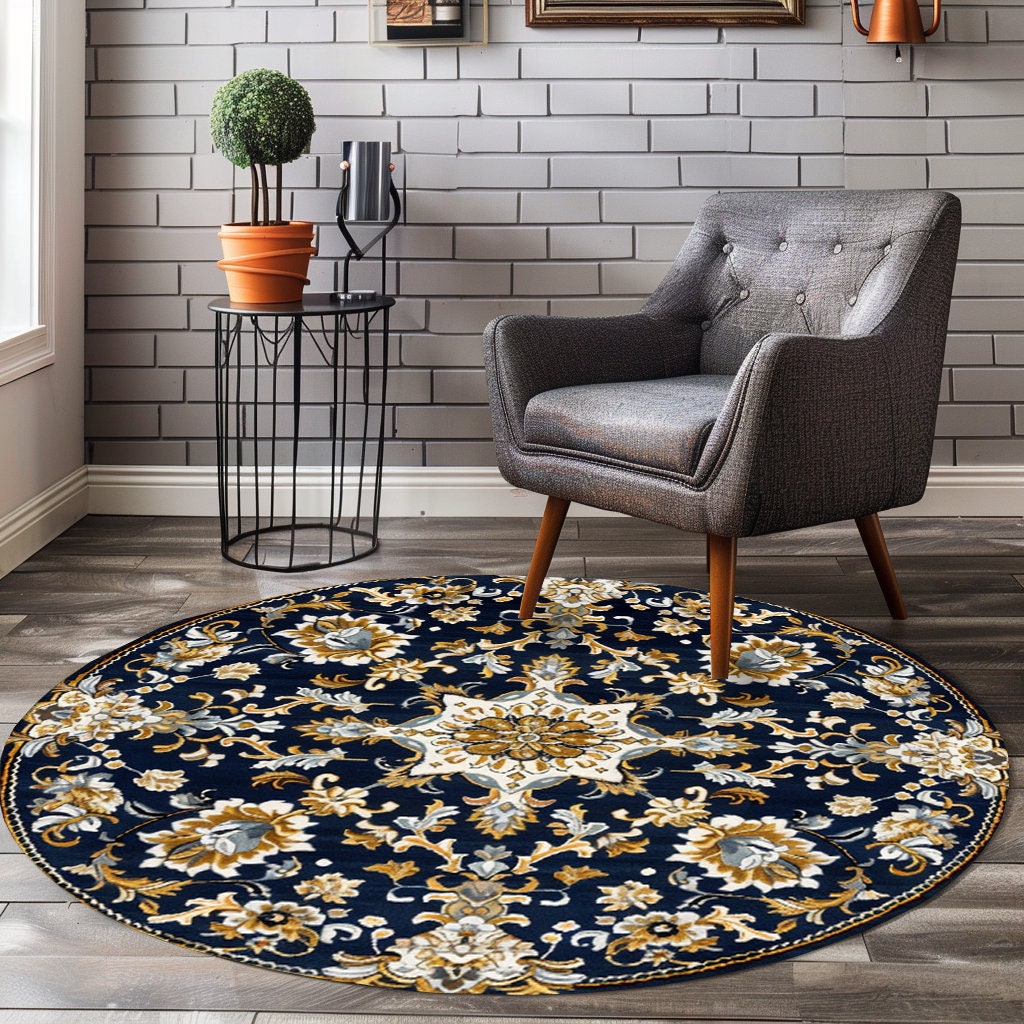 Oriental Round Rug, Hagia Sophia Pattern, Navy Blue Rug, Library