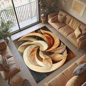 May include: An abstract rug featuring a swirling design in brown, beige, and black. The pattern resembles a spiral or feather motif. The rug is a focal point in a living room, and is likely to be 200cm in diameter.