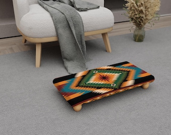 Handmade Wooden Footstool: Tribal Pattern, Cushioned Boho Ottoman H-725