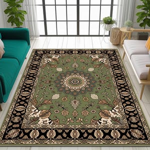 a living room with a large, ornate rug in the center. The rug has a floral design and is surrounded by two couches, one green and one white. The room also features a large window, a wooden side table, and several potted plants.