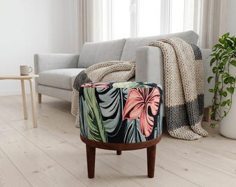 Pink Hibiscus Leaf Round Pouf | Upholstered Ottoman Footstool | Tropical Bedroom Decor