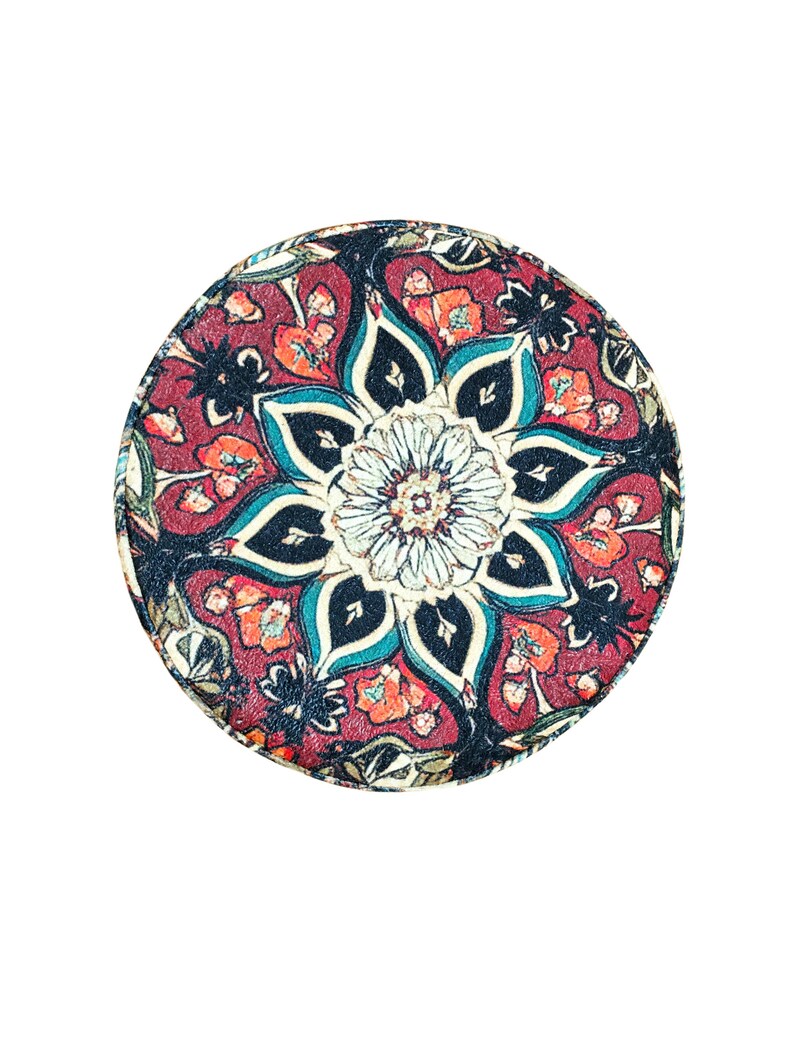 Ethnic design pouf, Floral footstool, Round ottoman bench, Gothic footrest, Living room furniture, Rustic hall stool, Round plant stand, F-9