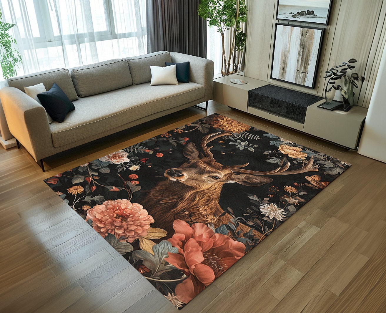 Majestic Deer Design Rug, Elegant Deer Pattern Rug, Washable Printed ...