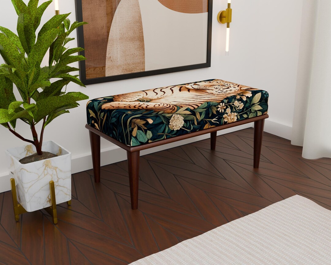 Exotic Bench Tiger Print Ottoman Bench, Jungle Animal Upholstered Bench, Boho Safari ...