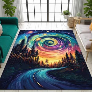 May include: A colorful rug with a swirling galaxy design and a winding road leading through a forest. The rug features shades of blue, purple, green, yellow, and orange.