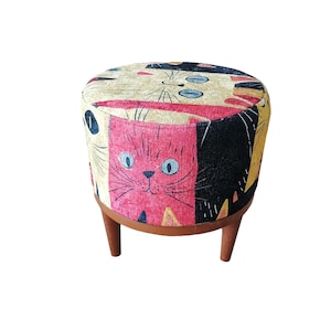 Cat pattern round pouf, Cute design bench, Colorful footstool, Elegance round pouf, Bedroom pouf, Comfortable furniture, Stylish bench, H-12 image 13