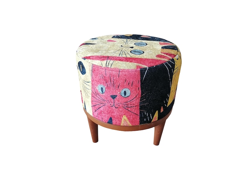 Cat pattern round pouf, Cute design bench, Colorful footstool, Elegance round pouf, Bedroom pouf, Comfortable furniture, Stylish bench, H-12 image 13